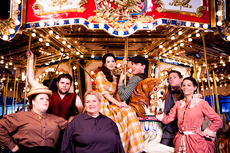 From left: Eve Speer (Mrs. Mullin), Kyle Allen (Jigger Craigin), Serena Kanig Benish (Nettie Fowler), Amber Lee Roberts (Julie Jordan), Sam West (Billy Bigelow), Scott Cluff (Mr. Snow) and Mimi West (Carrie Pipperidge) in Utah Repertory Theater Company’s production of “Carousel.”Photo: Jaron Hermansen / Underground Creative.